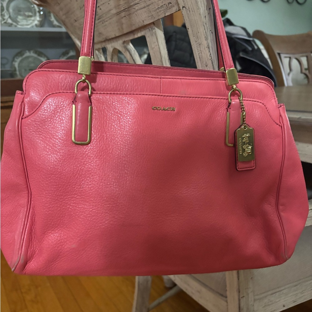 Coach Coral Pink Leather Shoulder Tote with Gold Hardware